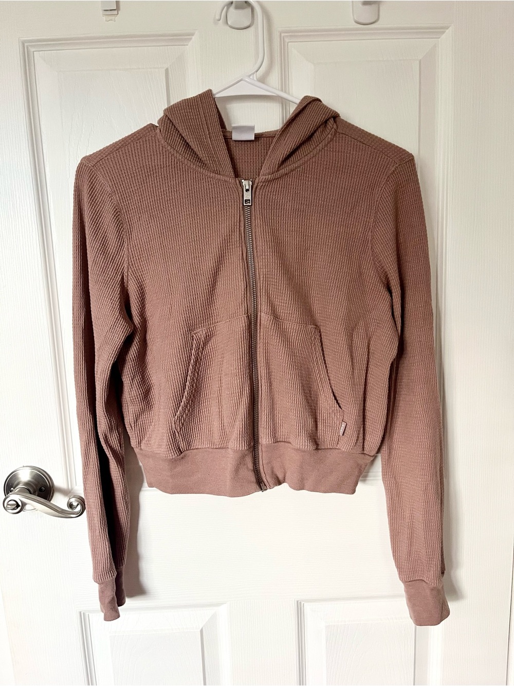 Aritzia Tna Waffle Knit Cropped Full Zip Hoodie Mauve Pink Small